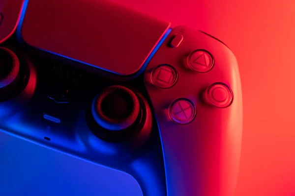 Playstation Controller Blue Red Lights Selective Focus May 2021 Sao — Stock Photo, Image