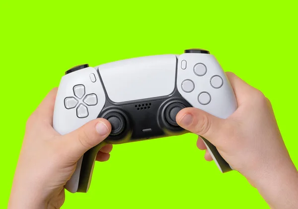 Controlador Jogo Mão Crianças Com Fundo Verde Para Cortar — Fotografia de Stock