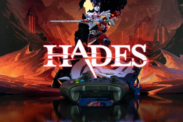 Hades Auf Dem Bildschirm Mit Xbox Serie Und Playstation Controller — Stockfoto
