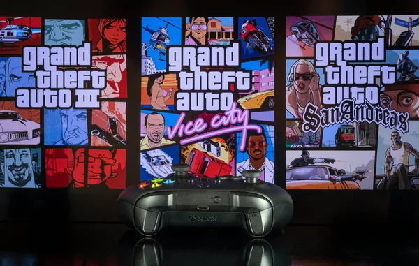 Gta Trilogy Iii Vice City San Andreas Pantalla Con Xbox — Foto de Stock