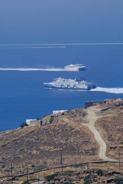 Ios Greece July 2019 Panoramic View Ferry Boats Island Ios — 스톡 사진