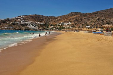Ios, Greece - August 1, 2014: The amazing sandy beach of Mylopotas in Ios cyclades Greece