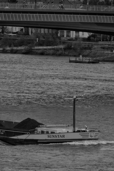 Black White View River Boat Bonn Germany — Stockfoto