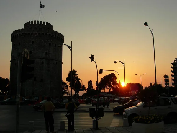 Incrível Pôr Sol Laranja Torre Branca Salónica Grécia — Fotografia de Stock