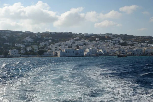 Panoramic View Santorini Island Wave Trails Floating Ferry Boat — Stock Photo, Image