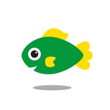 Ağzı açık komik yeşil balık, büyük göz ve sarı yüzgeçler, beyaz arka planda izole edilmiş.