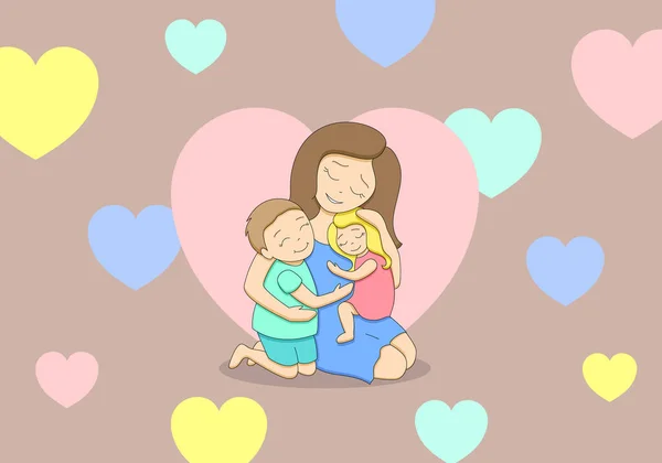 Mamá con niños sobre fondo beige con corazones — Vector de stock