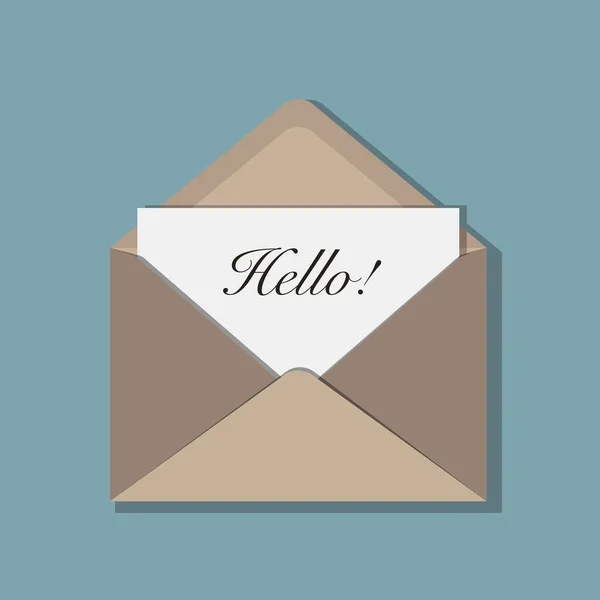 Beige envelop en brief met bericht Hallo — Stockvector