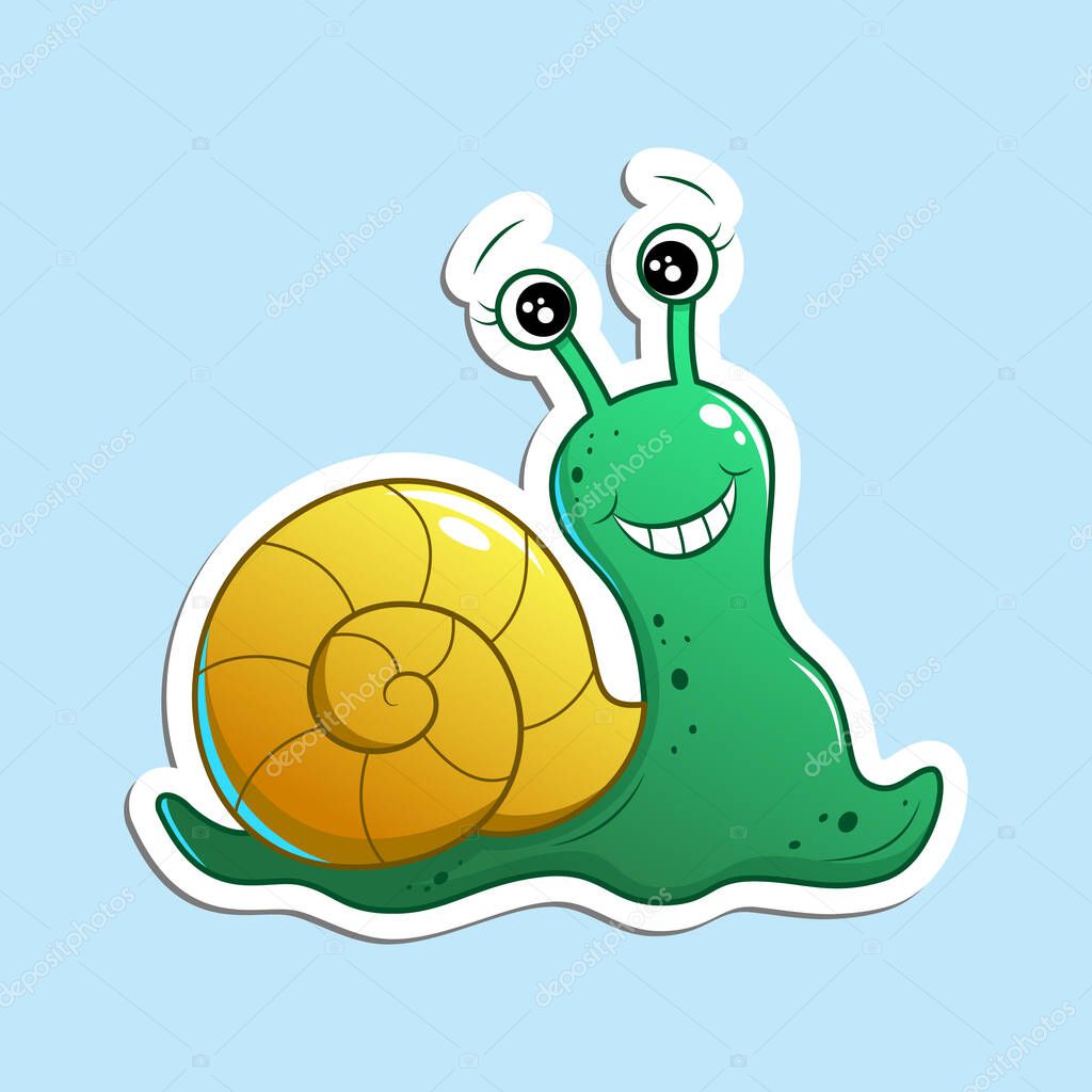 Cute and funny cartoon snail with green body and yellow shell, glad and happy, smiling wide, positive emotions. Vector illustration, sticker isolated on blue background