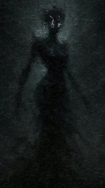 Ürkütücü Sahne - Parlak Gözlü Canavar ve Dumanlı Filizler Karanlık Puslu Çevrede Durmakta, Soluk Arkaplanda, Keskin Parçalardan Yapılan Animasyon