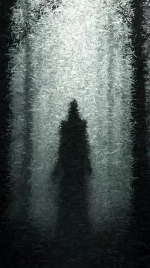 Yapraksız ağaçlarla çevrili Sisli Ormanda Uzun Uzuvları ve Parçalanmış Malzemeleri olan Korkunç Görüntü Keskin Parçalardan Yapılan Animasyon