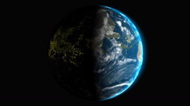 Avrupa 'dan yenilenmiş küresel dünya animasyon döngüsü sağ güneş ışığı ile aydınlatılmış pürüzsüz dönüş alfa kanalı ve premium özel tarzı ile