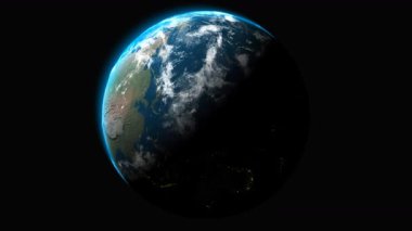 Asya 'dan gelen sinematik dünya dönüş döngüsünde sol üst güneş ışığı, parlak hareket grafikleri ve temiz alfa şeffaflığı yer almaktadır.