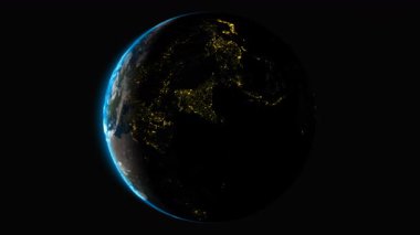 Şehir ışıkları ve sol güneş ışığıyla Avrupa 'dan gelen lüks Dünya dönüş döngüsü sinematik gece görüntüleri ve alfa kanal berraklığı sunuyor