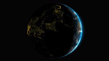 Avrupa 'dan gelen üst düzey küresel dünya animasyon döngüsü şehir ışıkları ve kusursuz dönüş ve alfa şeffaflığıyla sağ güneş ışığına sahip