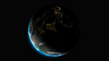 Aydınlatılmış şehir ışıkları ve sol alttaki güneş ışığı ile Avrupa 'dan gelen gelişmiş gezegen hareket döngüsü.