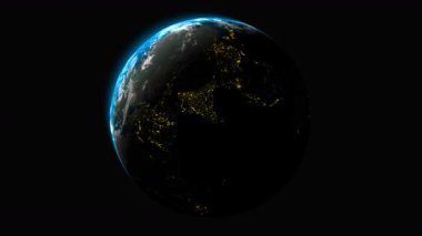 Parlayan şehir ışıkları ve kusursuz alfa sunumu için hazırlanmış sol üst güneş ışığıyla Avrupa 'dan özel küresel animasyon döngüsü