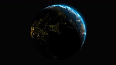 Avrupa 'dan gelen sinematik Dünya dönüş döngüsü şehir ışıkları ve lüks görsel derinlik ve alfa berraklığı ile sağ üst güneş ışığına sahiptir.