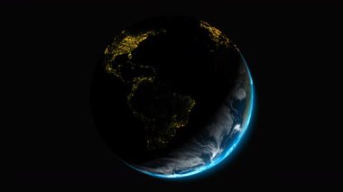 Amerika Birleşik Devletleri 'nden gelen lüks Dünya dönüş döngüsü şehir ışıklarını ve sağ alttaki alfabesiz alfa hareketli güneş ışığını gösteriyor