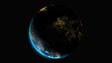 Yanmış şehir ışıkları ve sol alttaki güneş ışığı prim kanalı çıkışı ile Asya 'dan yenilenmiş dönen dünya döngüsü