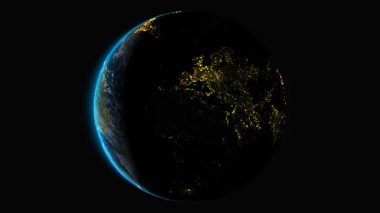 Parlayan şehir ışıkları ve sinematik alfa görselleri için hazırlanmış sol güneş ışığıyla Asya 'dan özel gezegen dönüş döngüsü