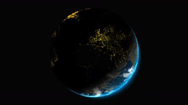 Şehir ışıkları ve sağ alttaki güneş ışığı zarif alfa entegrasyonu içeren Asya 'dan lüks gezegen Dünya hareket döngüsü