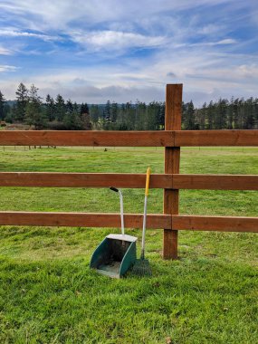 Manure scooper farming tools leaning against a wooden fence on a lush grassy farm on a sunny day. clipart