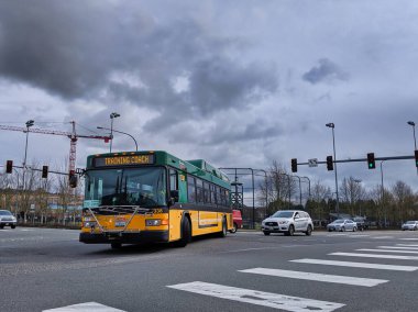 Woodinville, WA / USA - Şubat 2020: Meşgul bir kavşağı geçerken yeni bir şoförü eğiten King County Metro otobüsünün görüntüsü
