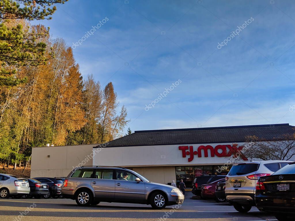 Woodinville, WA / USA - November 2nd, 2019: TjMaxx clothing retail storefront from the parking lot