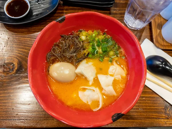 Top View Bowl Spicy Creamy Ramen Soft Boiled Egg Large — Stock Photo, Image