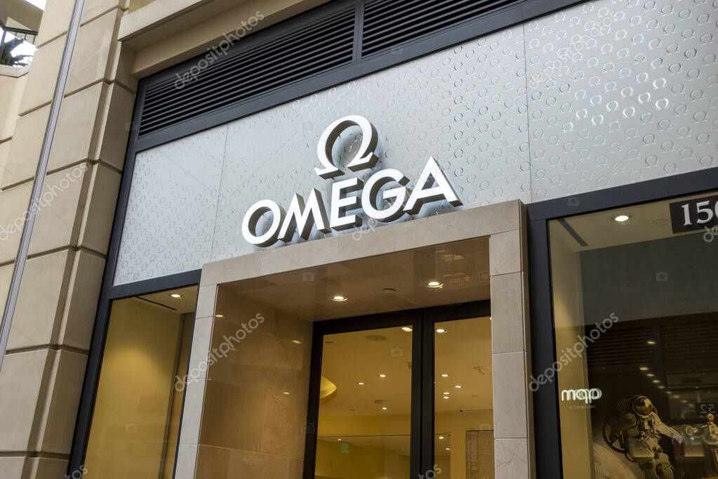 Bellevue, WA USA - circa June 2021: Low angle view of the entrance to an Omega luxury shop.