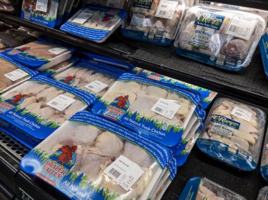 Woodinville, WA USA - circa September 2021: Angled view of fresh, raw packaged chicken breasts and thighs in a Haggen grocery store. clipart
