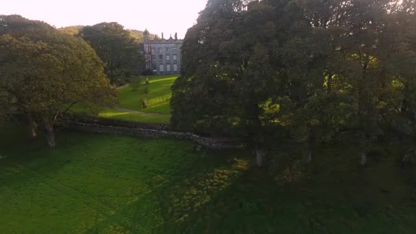 アイルランドの黄金の時間秋に城の横の木を通して輝く太陽 — ストック動画