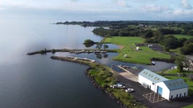 Aerial footage of Battery Harbour Moortown Newport Trench Lough Neagh Northern Ireland 