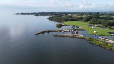 Aerial footage of Battery Harbour Moortown Newport Trench Lough Neagh Northern Ireland 