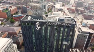 Aerial video of Grand Central Hotel Belfast Skyline Cityscape Northern Ireland