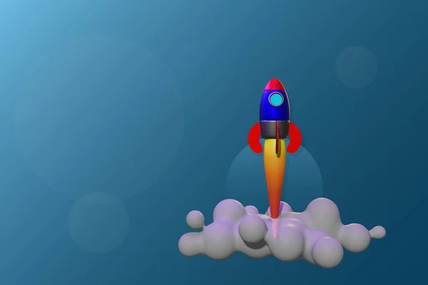 The template 3d illustration picture of a blue rocket is lifting off to the bright blue sky.