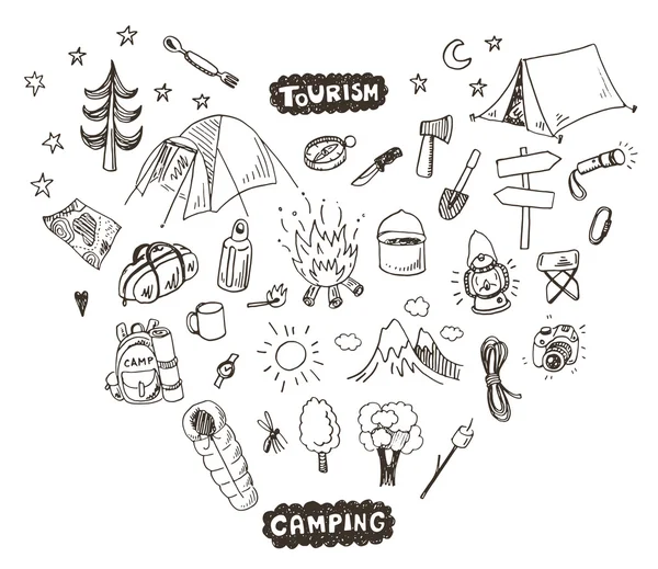 Hand drawn camping icons set. — Stock Vector