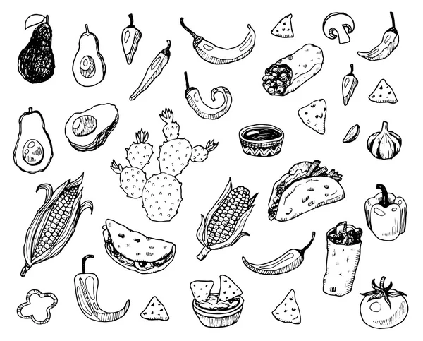 Alimentation mexicaine dessinée à la main — Image vectorielle