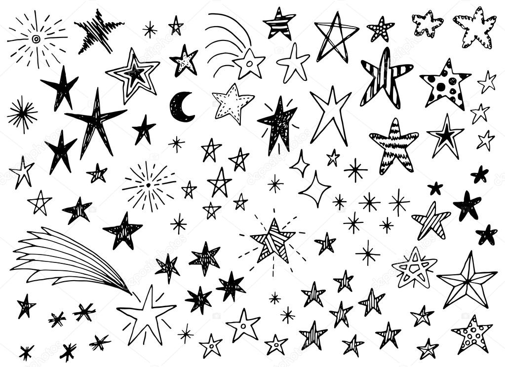 Black and white outlined Hand drawn doodle stars vector collection