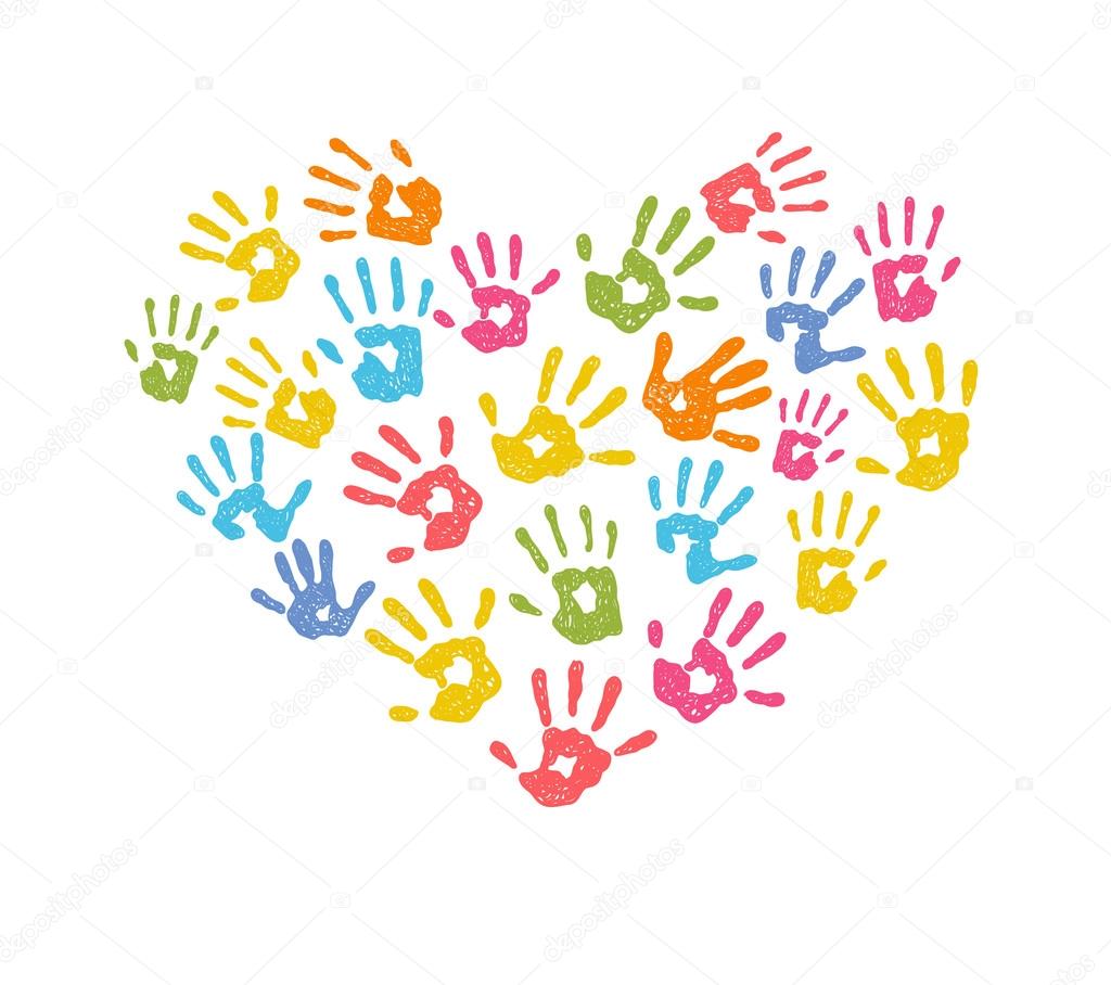 colorful childrens hand print heart