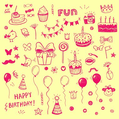 Birhday öğeleri. Elle çizilmiş seti.