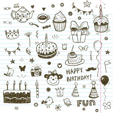 Birhday öğeleri. Elle çizilmiş seti.
