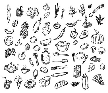 Doodle sağlıklı gıda Icons set