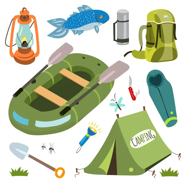 Set of camping equipment and objects — Stock Vector