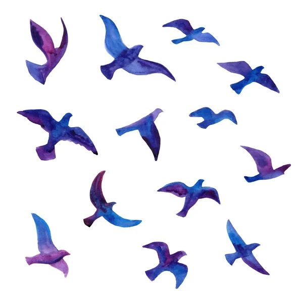 Hand drawn watercolor birds flock. — Stock Vector