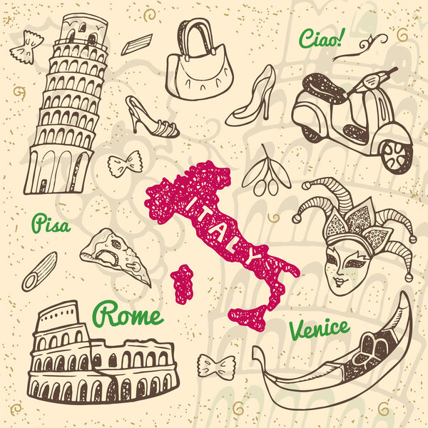 Italy symbols and landmarks set.