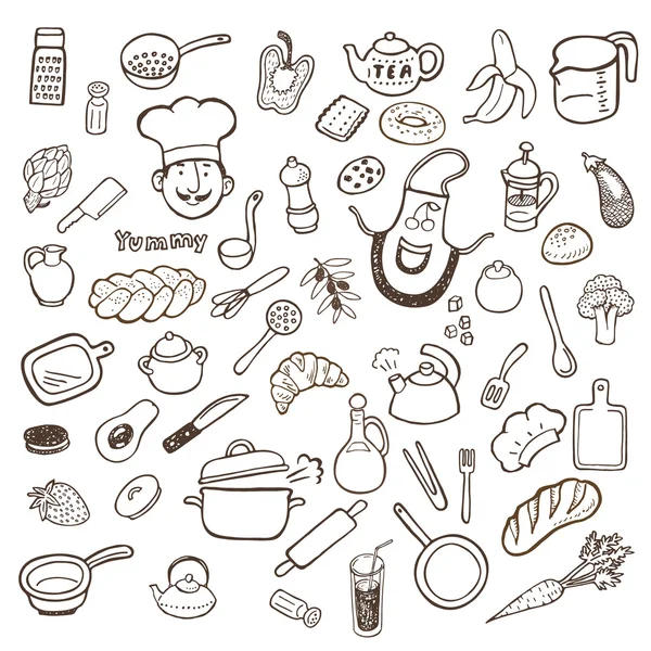 Utensilios de cocina y alimentos mano dibujado conjunto — Vector de stock