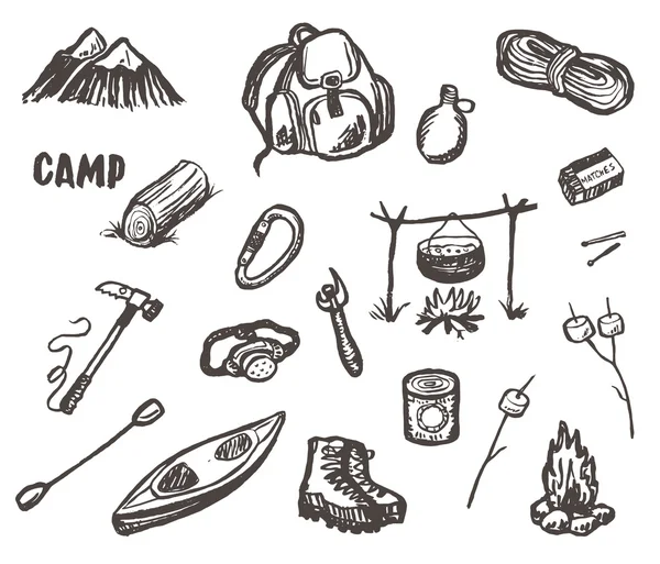 Hand getrokken schets set camping. — Stockvector