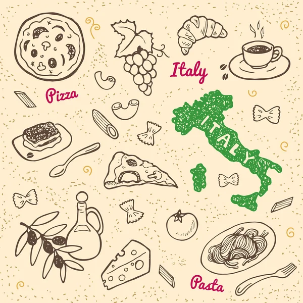 Italy symbols and food set. — Stock Vector